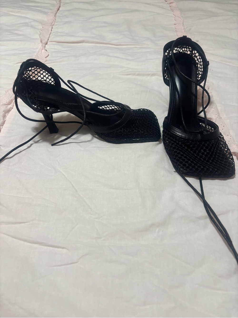 Black Lace-Up Mesh Pointed Toe Heels